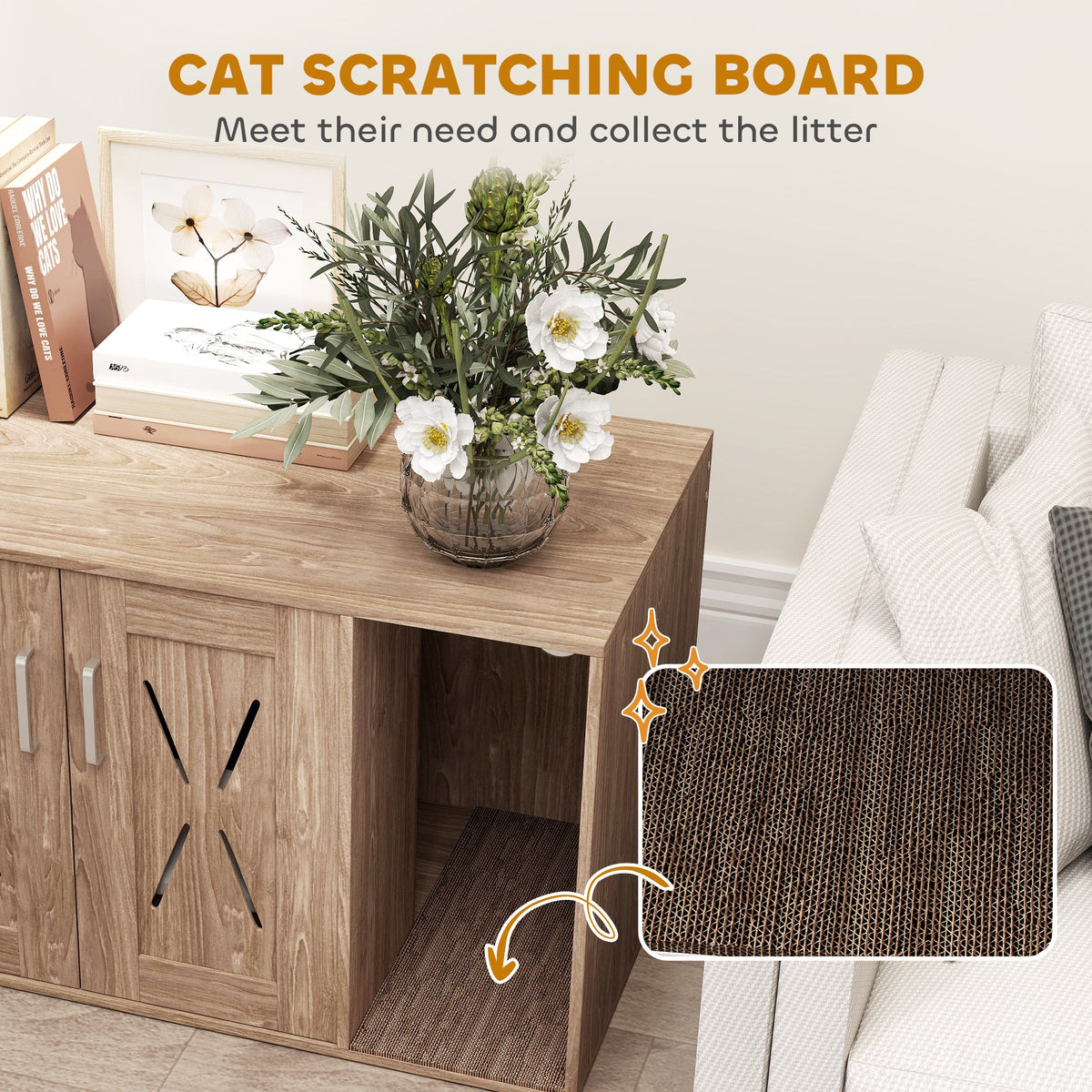 Cat Litter Box Enclosure With Scratching Board, Cat Washroom End Side Table, 31.5 X 19X 20, Walnut Brown