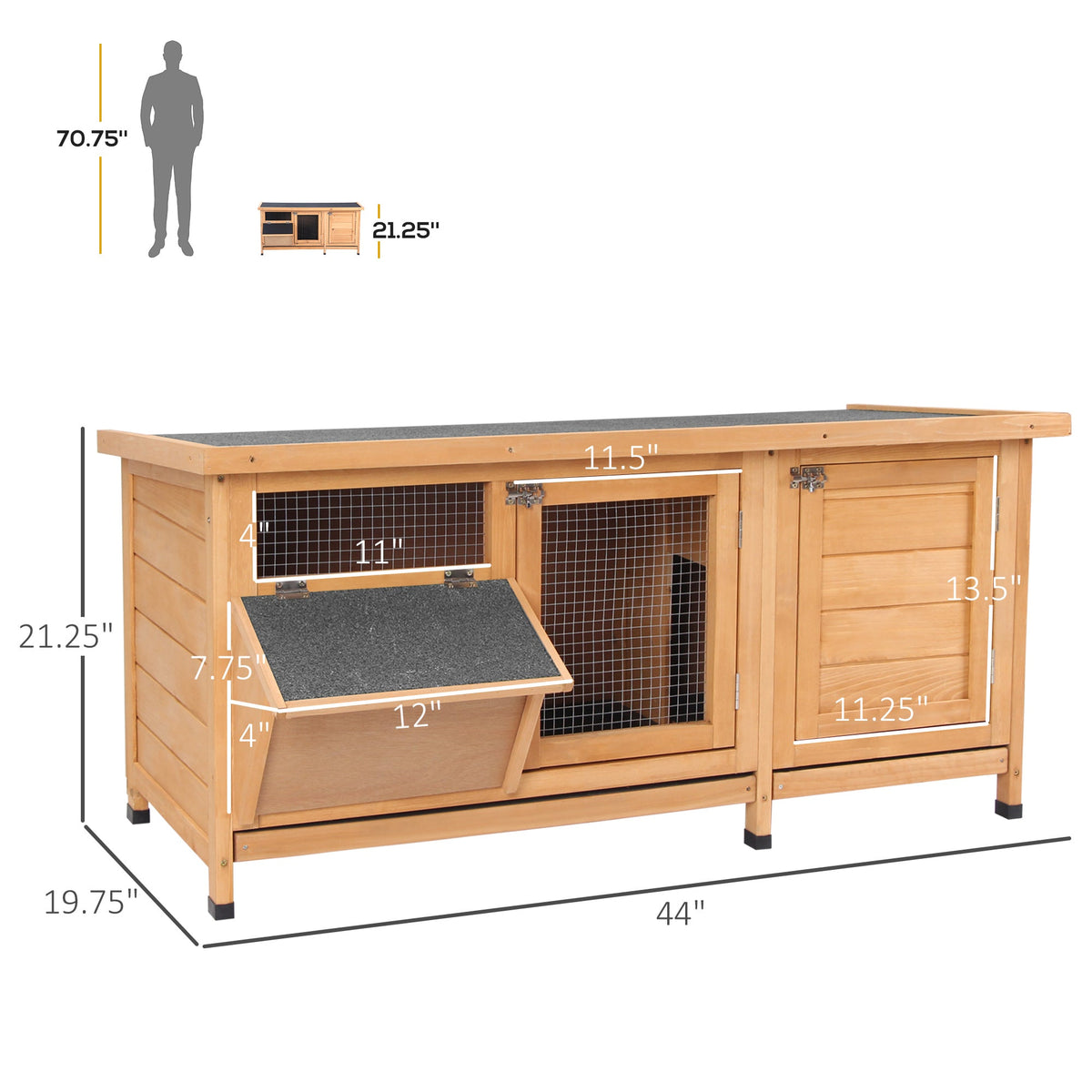 Large Bunny Hutch, Rabbit Cage With 2 Outside Areas And 1 Main House For Small Animals, Yellow