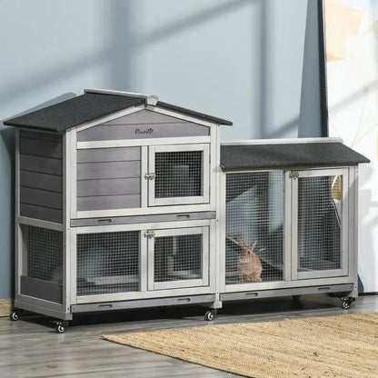 Wooden Mobile Rabbit Hutch With Wheels, Run Box, Slide-out Tray, Ramp
