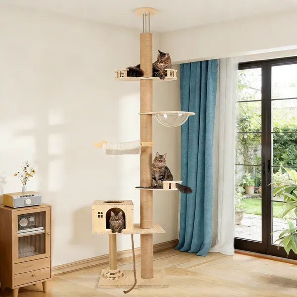 Floor To Ceiling Cat Tree, 6 Level Adjustable Height Climbing Tower With Thickened Scratching Posts, Cats Activity Center With Transparent Capsule And Cozy Hammock