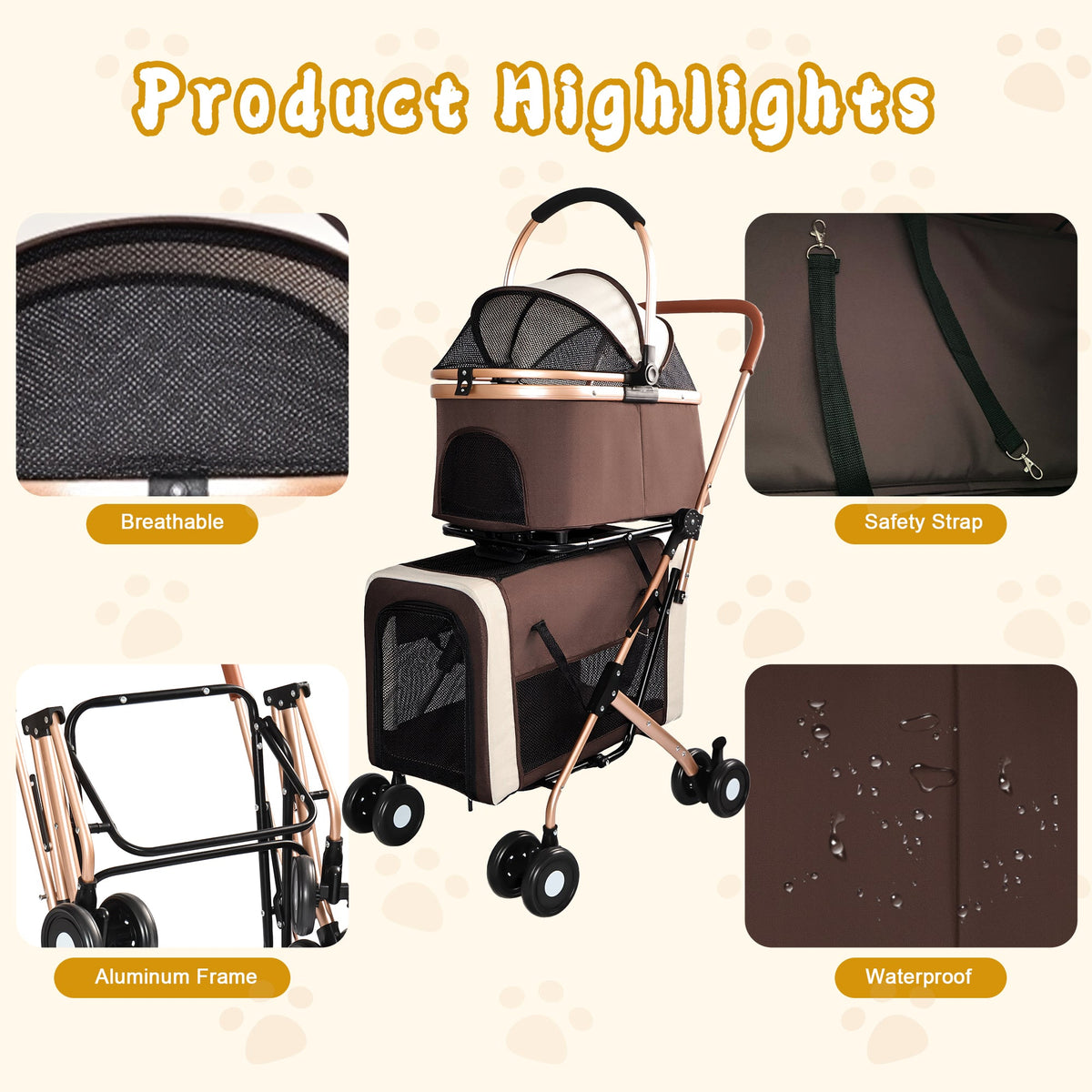 3-in-1 Double Pet Stroller For Small Medium Dogs Cats, Foldable Frame Convertible Pet Carrier Tote, Shockproof Wheels With Brake System, Dual Fixed Safety Leashes For Multi-Pet Households