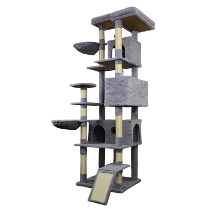 84.6 In Dark Gray Cat Tree Tower With Wide Base, 3 Large Hinding Condo, 11 Sisal Scratching Post, Sisal Scratching Ladder, 2 Hammocks, Large Top Platform, Many Landing Perch And Interactive Toy