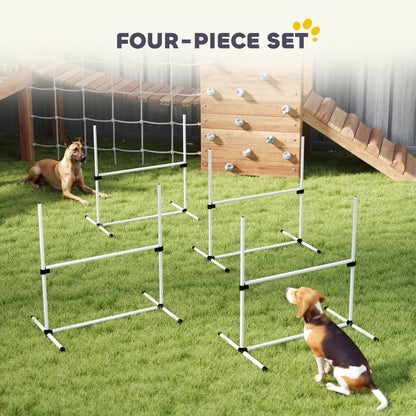4 Piece Dog Agility Training Equipment for Dog Agility Course with Adjustable Height Jump Bars, Included Carry Bag, & Displacing Top Bar, White